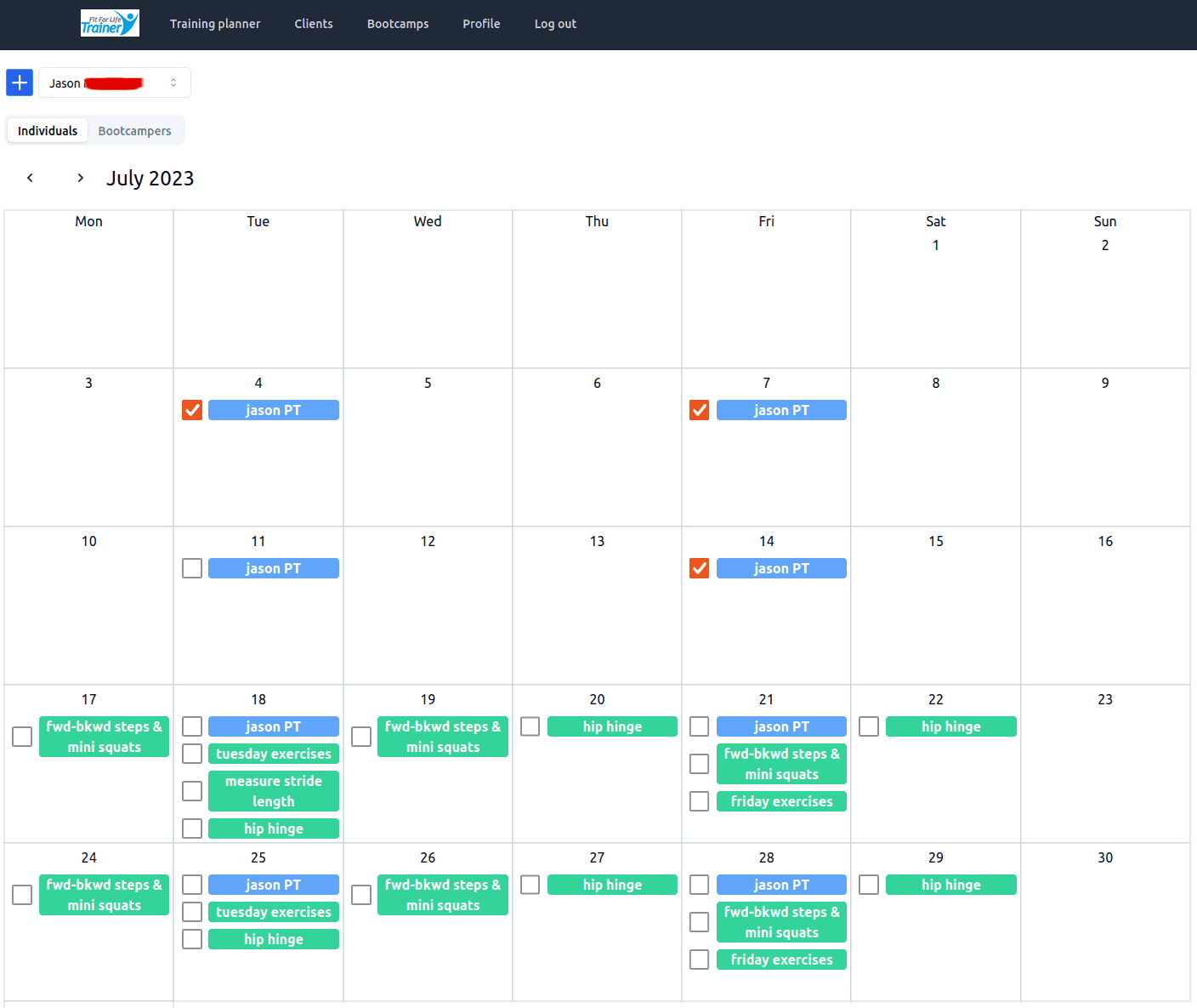 Personal Trainer Planner calendar view showing workouts and appointments